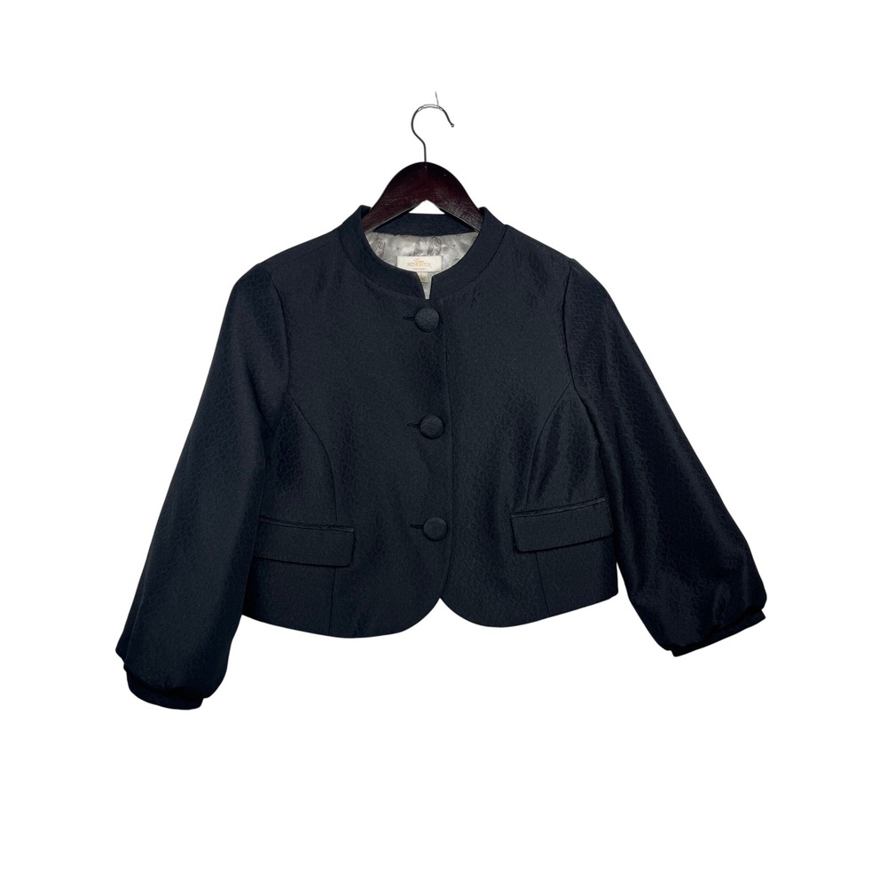 Erin Fetherston Jacket Women Small Black Textured Jacquard Cropped Puff Sleeve - Picture 1 of 12